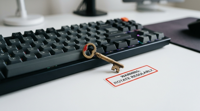 An API key on a keyboard with a warning to rotate regularly.